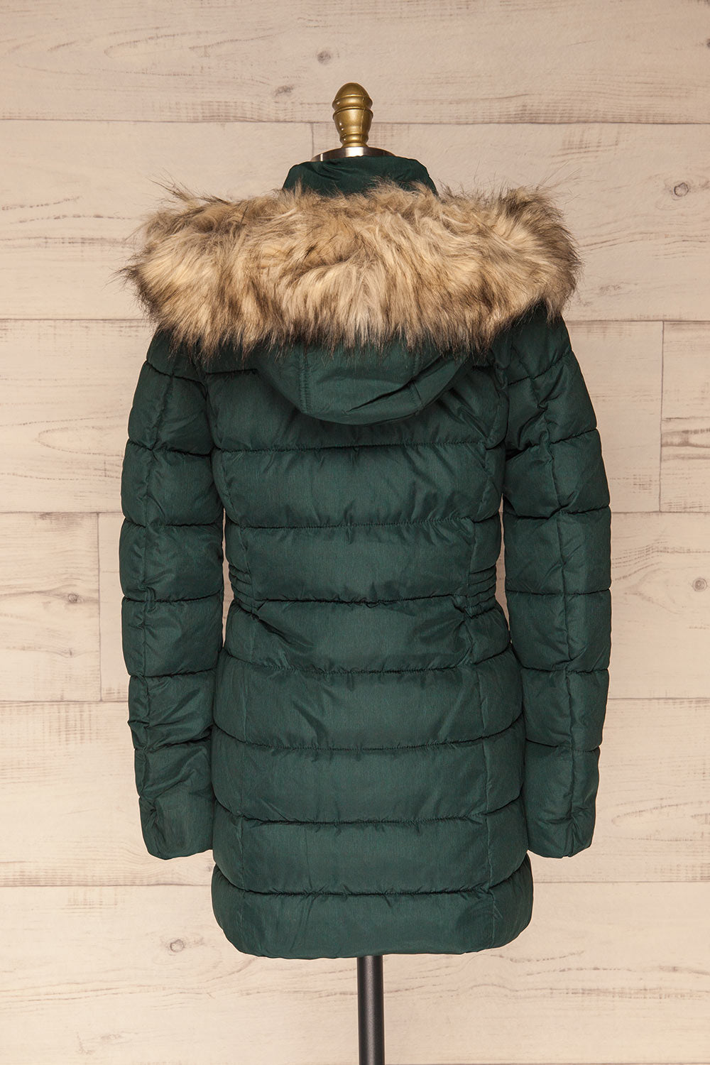 Dumfries Vert Green Parka Coat with Faux Fur Hood | La Petite Garçonne back view
