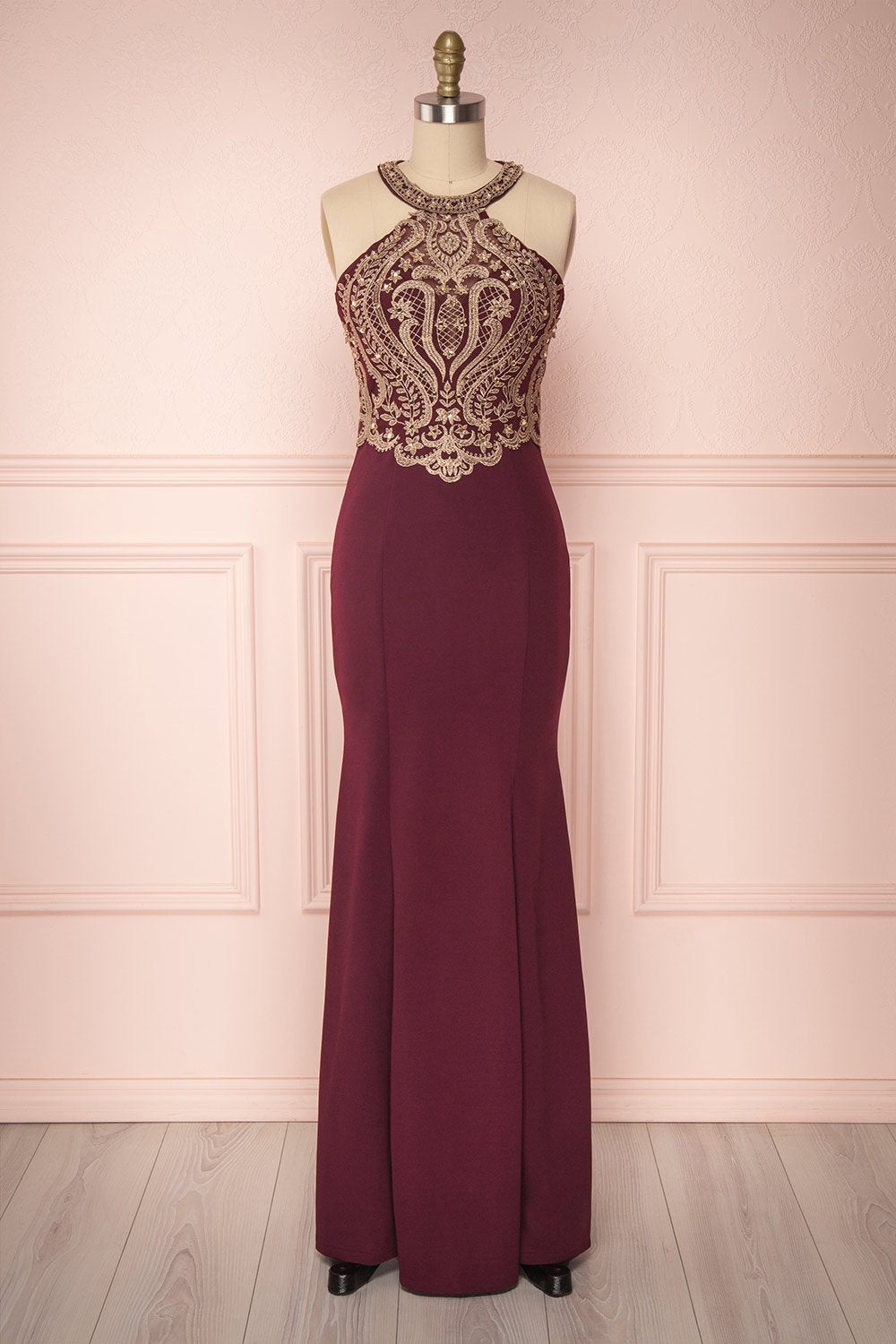 Dunia Bourgogne Burgundy Halter Mermaid Gown | Boutique 1861