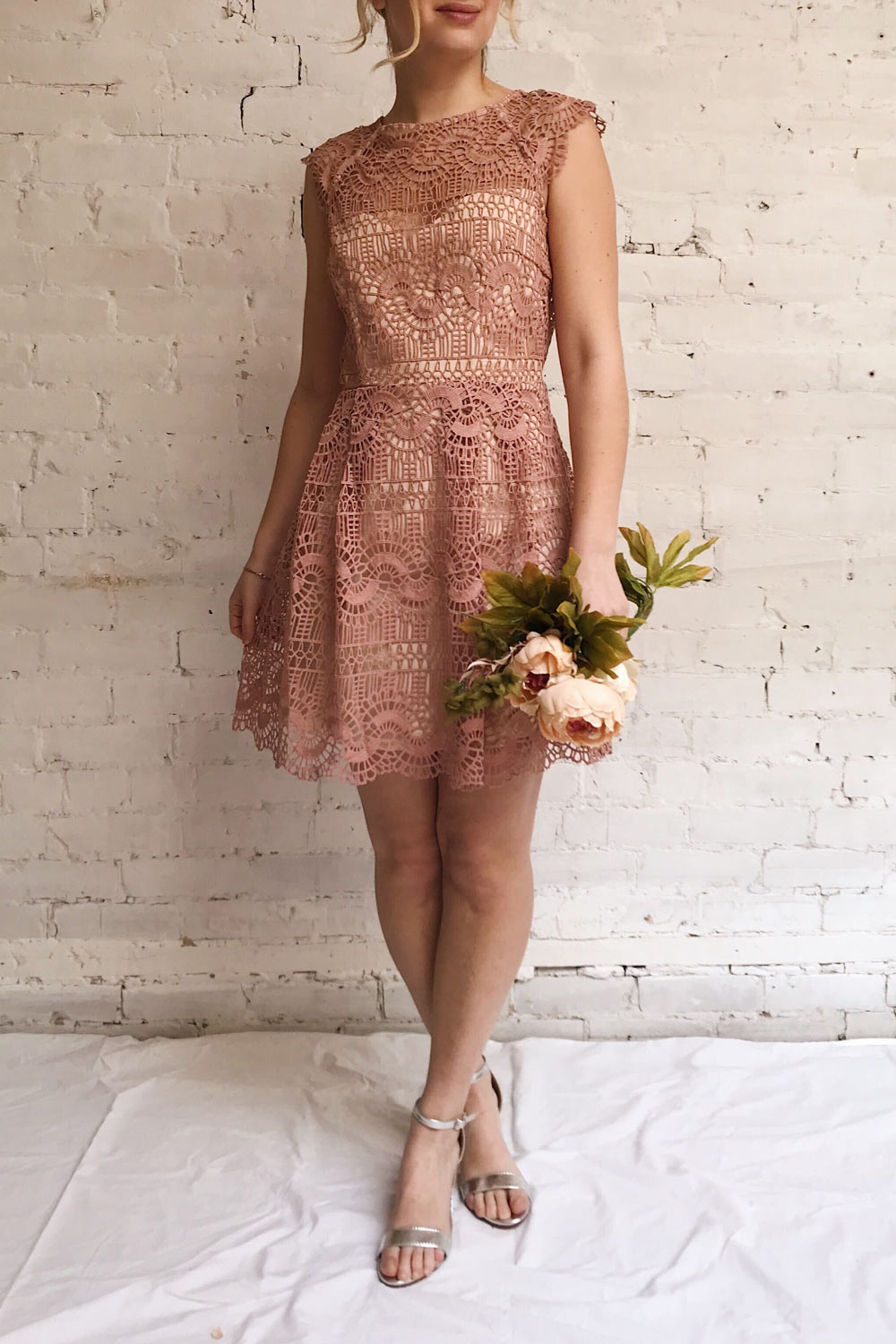Dunyazade Pink Short Lace Dress w/ Open Back | Boudoir 1861 model look