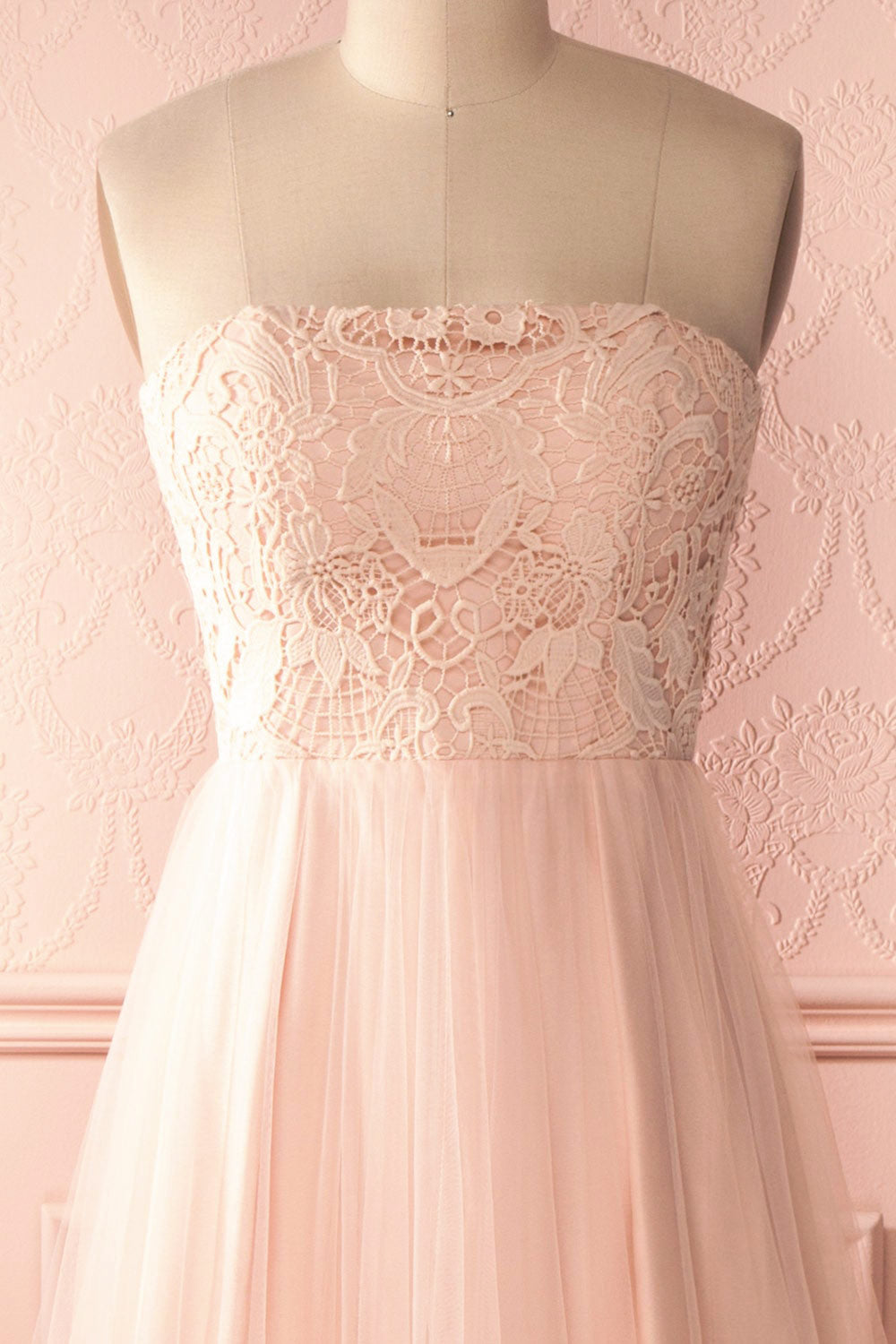 Edris Blush maxi tulle dress with lace top | Boudoir 1861 front close up