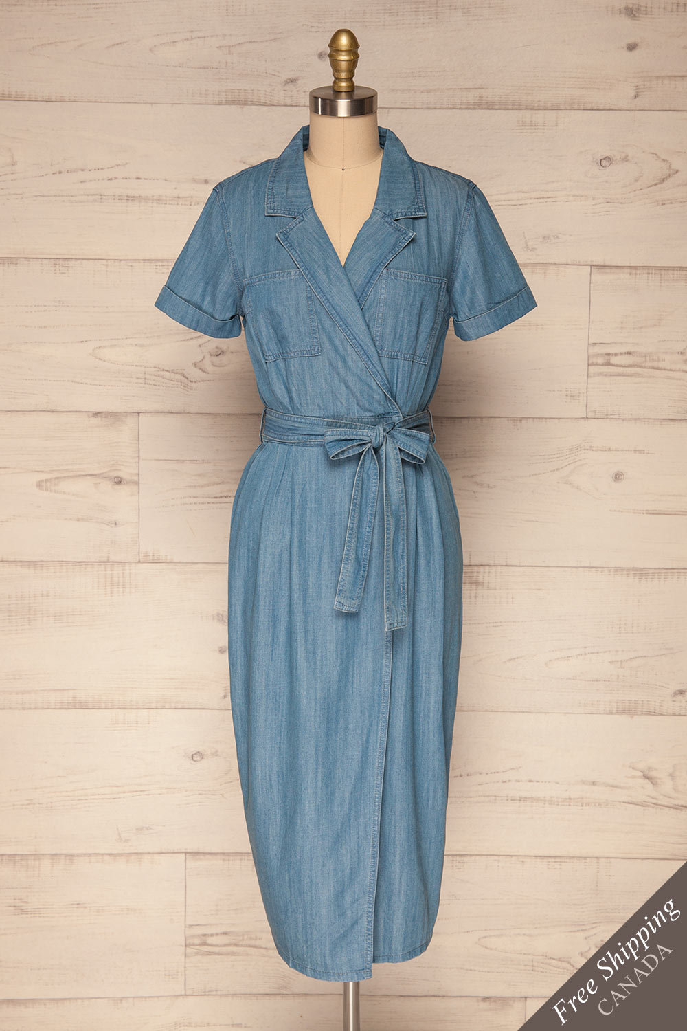 Eggkleiva Light Blue Denim Midi Wrap Dress | La Petite Garçonne front view