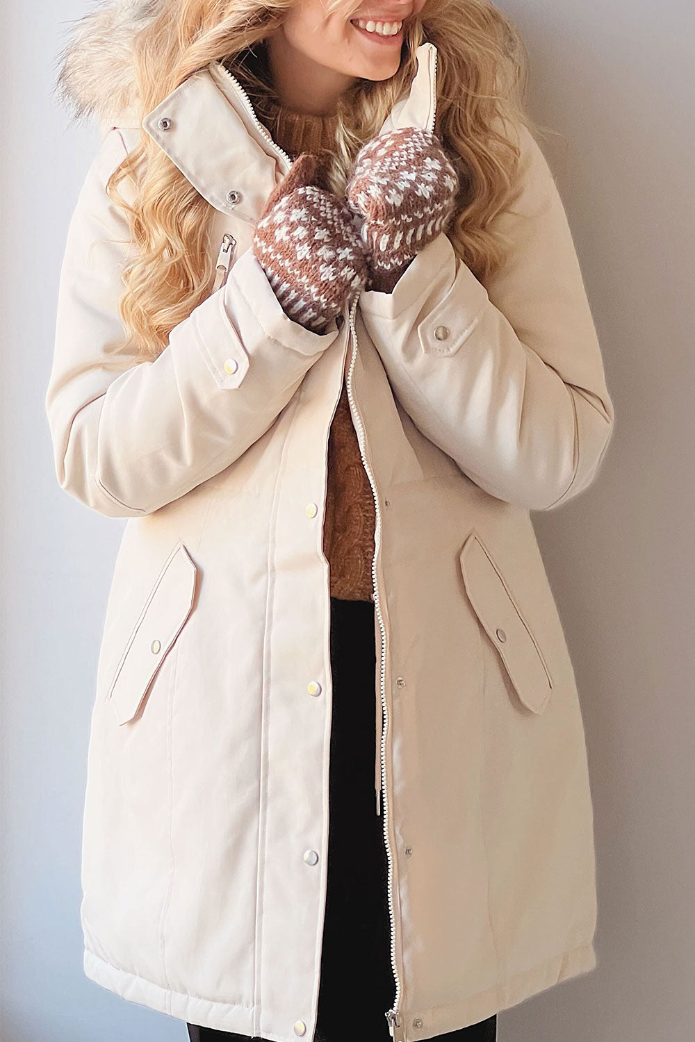 Eidfjord Beige Hooded Parka Coat | La petite garçonne on model