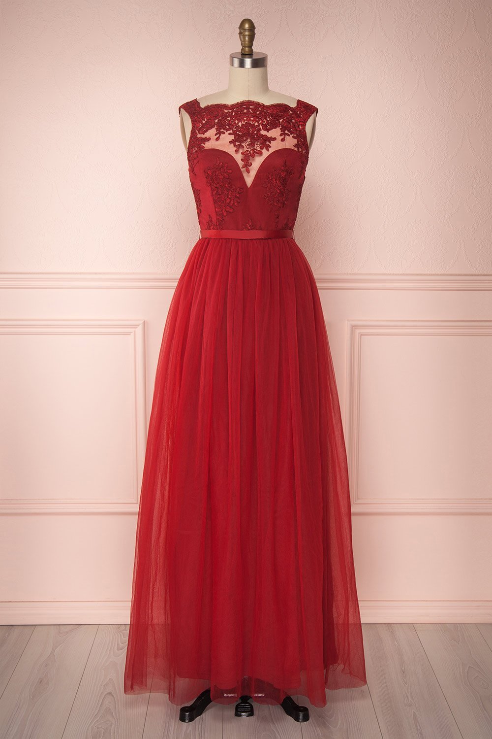 Eiki Burgundy Embroidered Tulle Gown | Boutique 1861