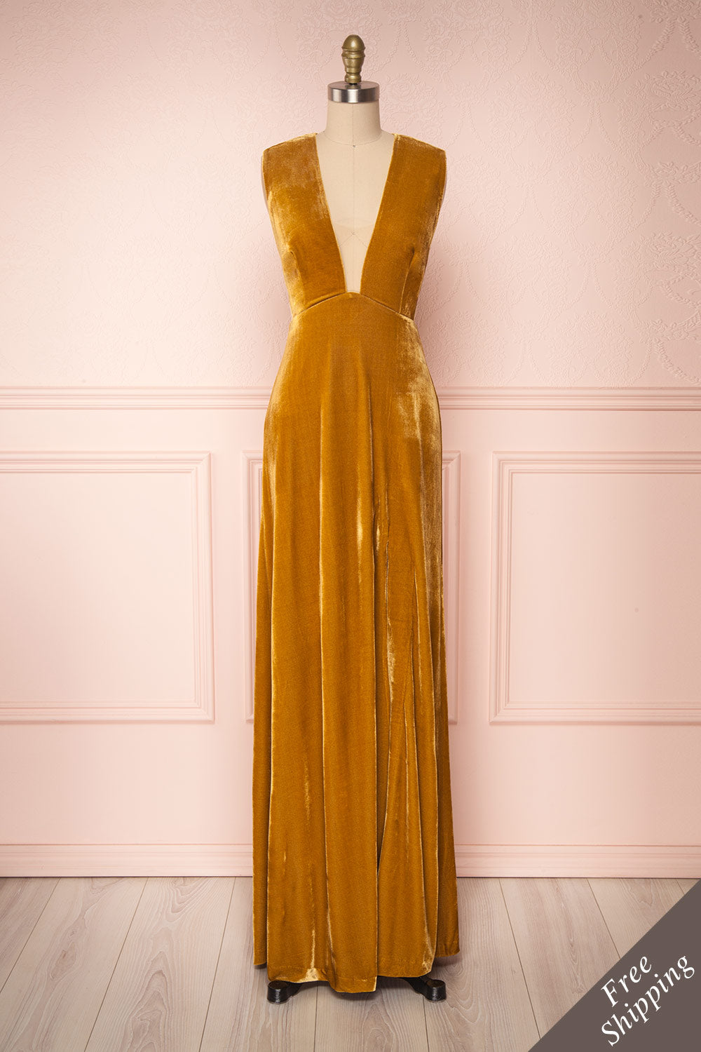 Eileen Mustard Yellow Velvet A-Line Gown | Boutique 1861 front view