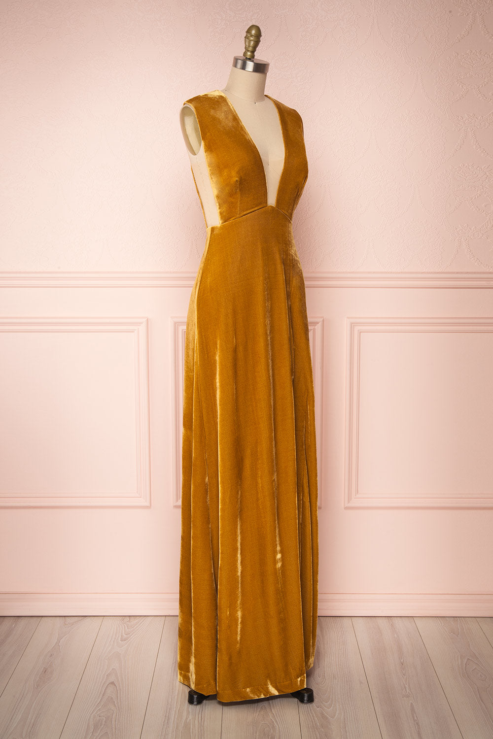 Eileen Mustard Yellow Velvet A-Line Gown | Boutique 1861 side view