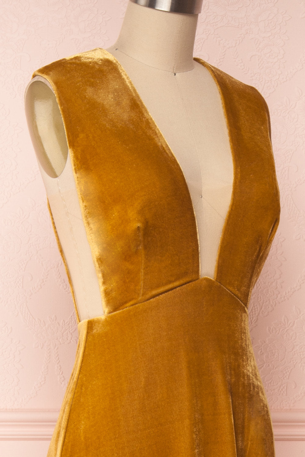 Eileen Mustard Yellow Velvet A-Line Gown | Boutique 1861 side close-up