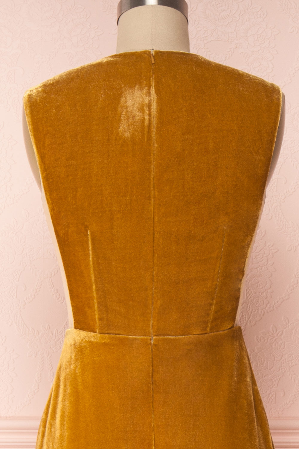 Eileen Mustard Yellow Velvet A-Line Gown | Boutique 1861 back close-up