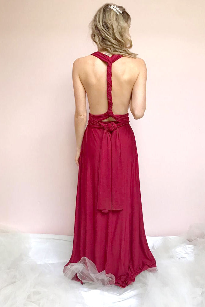Elatia Bourgogne Burgundy Maxi Infinity Dress | Boudoir 1861 on model
