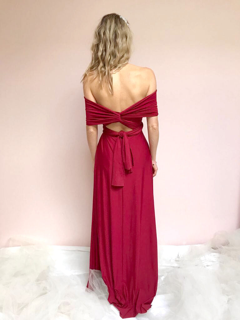Elatia Bourgogne Burgundy Maxi Infinity Dress | Boudoir 1861 on model