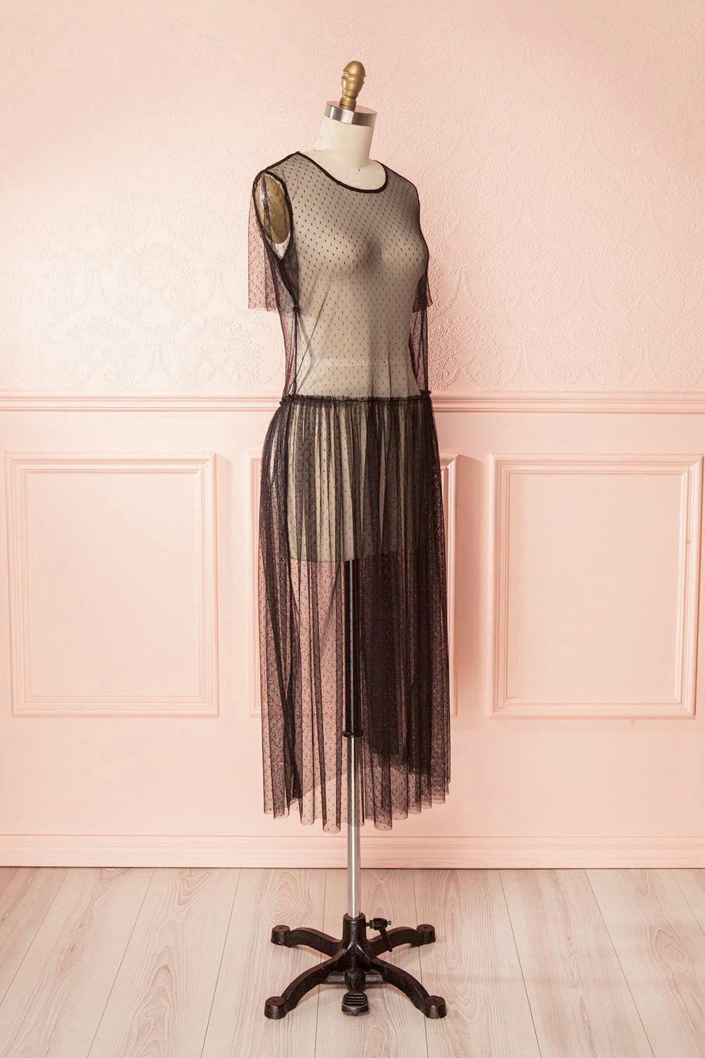 Éléa Noir Black Polkadot Mesh Midi Smock Dress | Boutique 1861