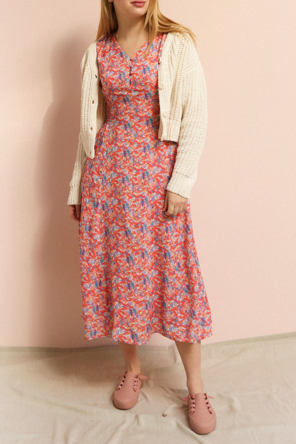 Elinros Coral Short Sleeved Midi Dress | Boutique 1861 on model