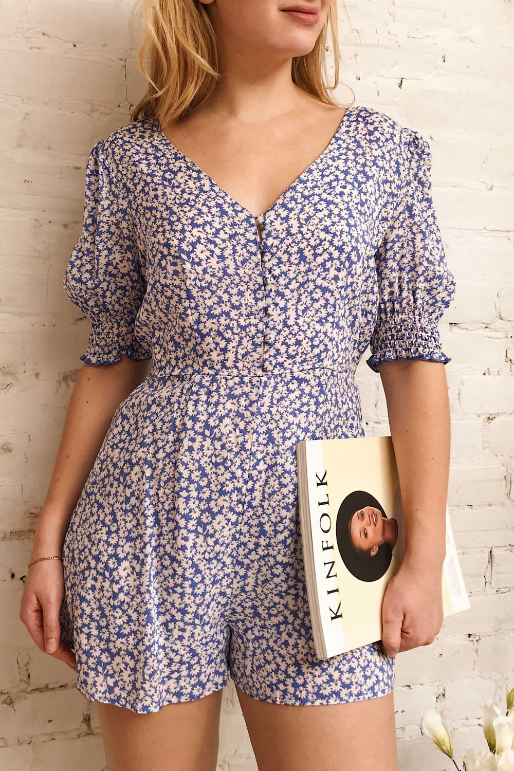 Elsie Red Floral Short Sleeved Romper | Boutique 1861 on model