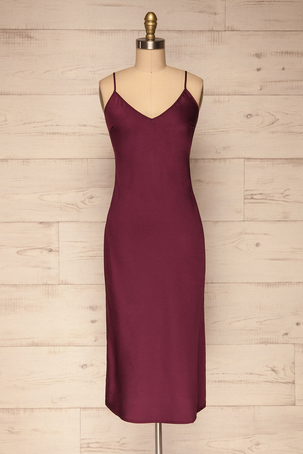 Enea Burgundy Satin Midi Slip Cocktail Dress | La Petite Garçonne front view
