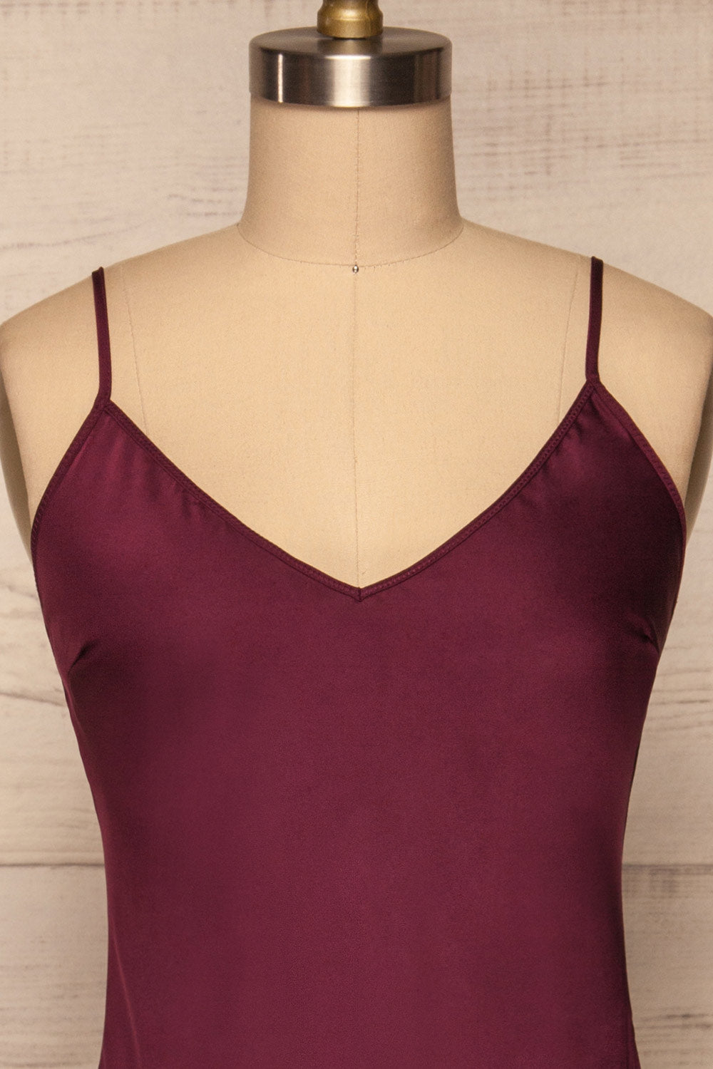 Enea Burgundy Satin Midi Slip Cocktail Dress | La Petite Garçonne front close-up