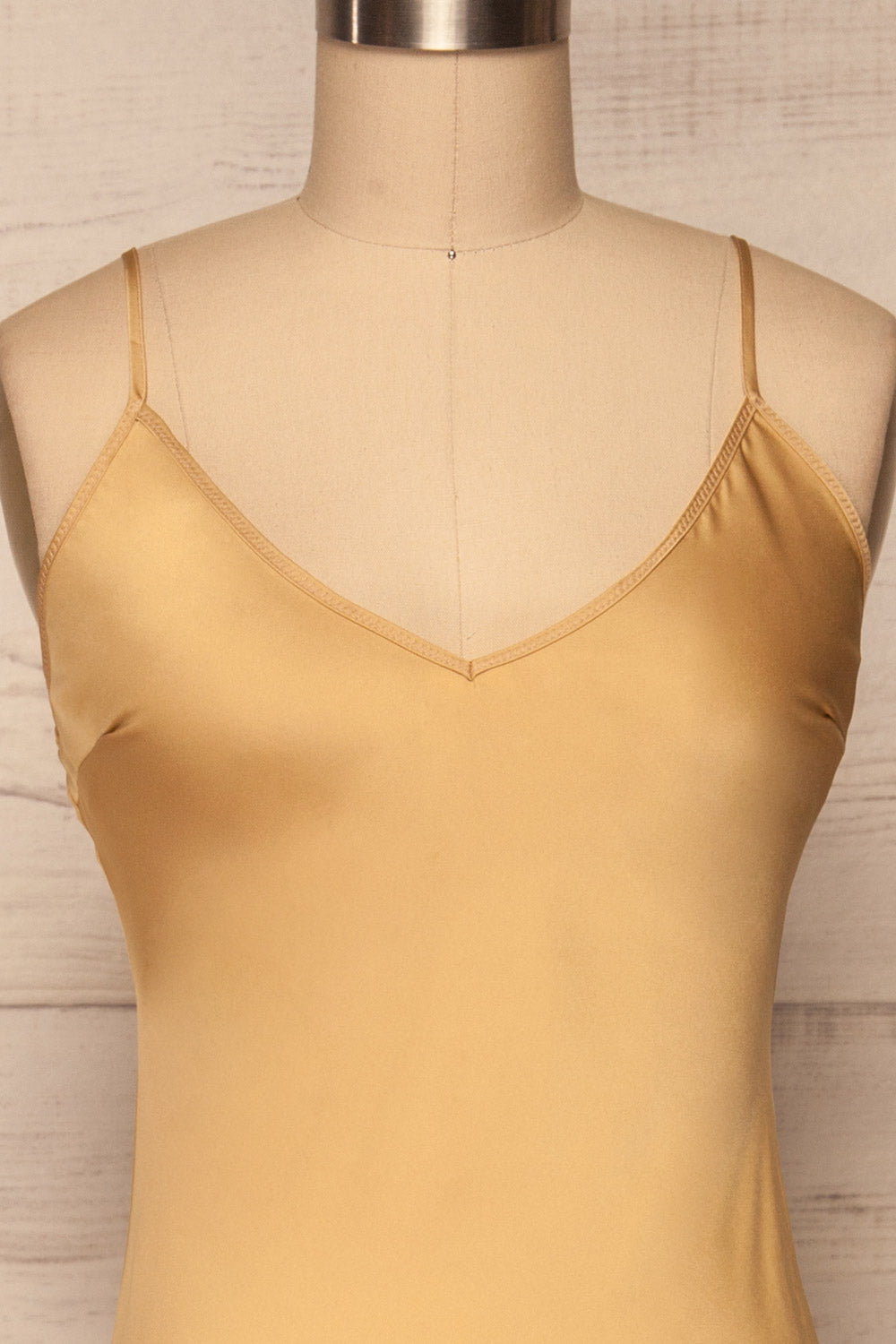 Enea Champagne Yellow Satin Midi Slip Dress | La Petite Garçonne front close-up