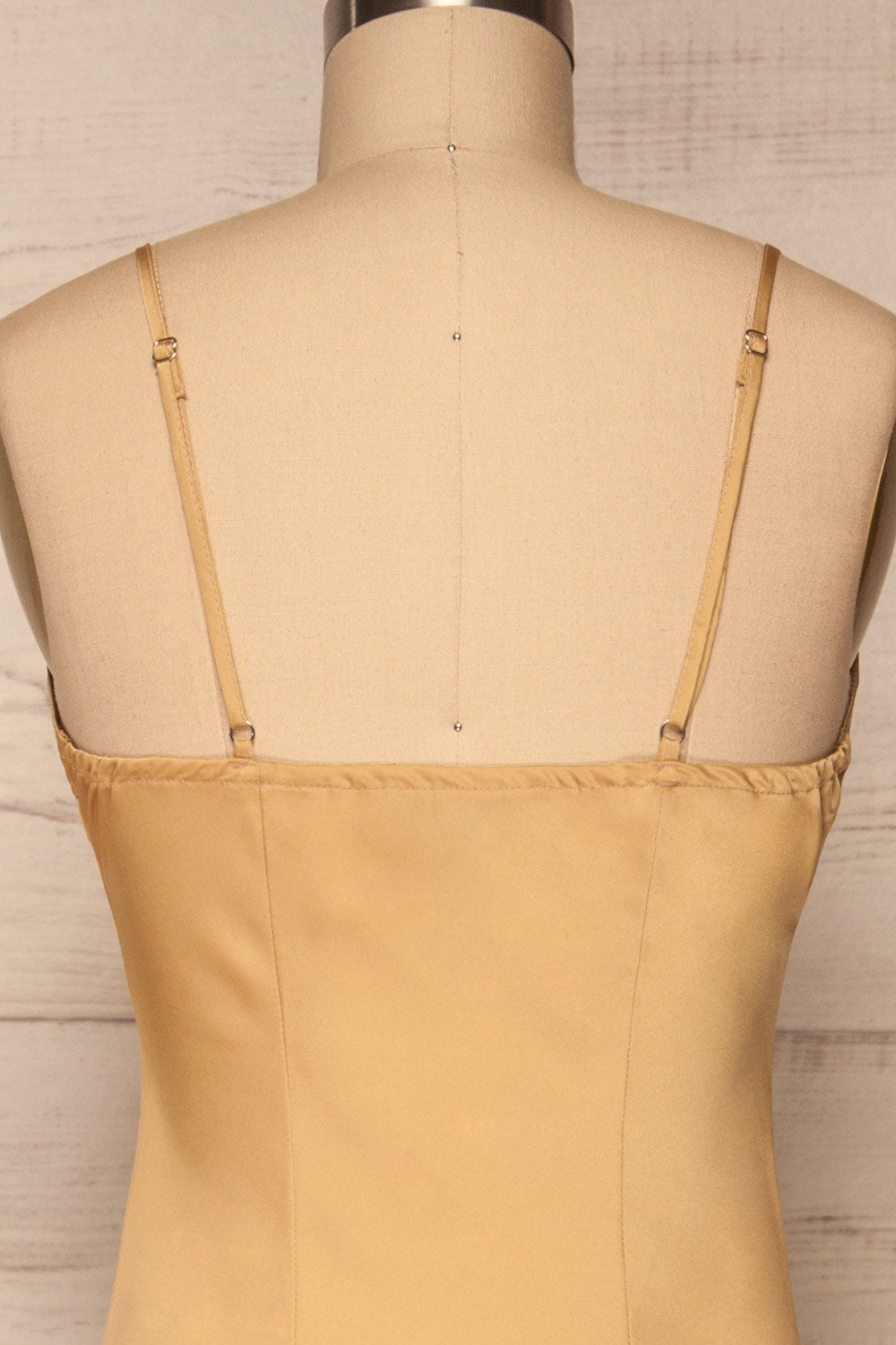 Enea Champagne Yellow Satin Midi Slip Dress | La Petite Garçonne back close-up
