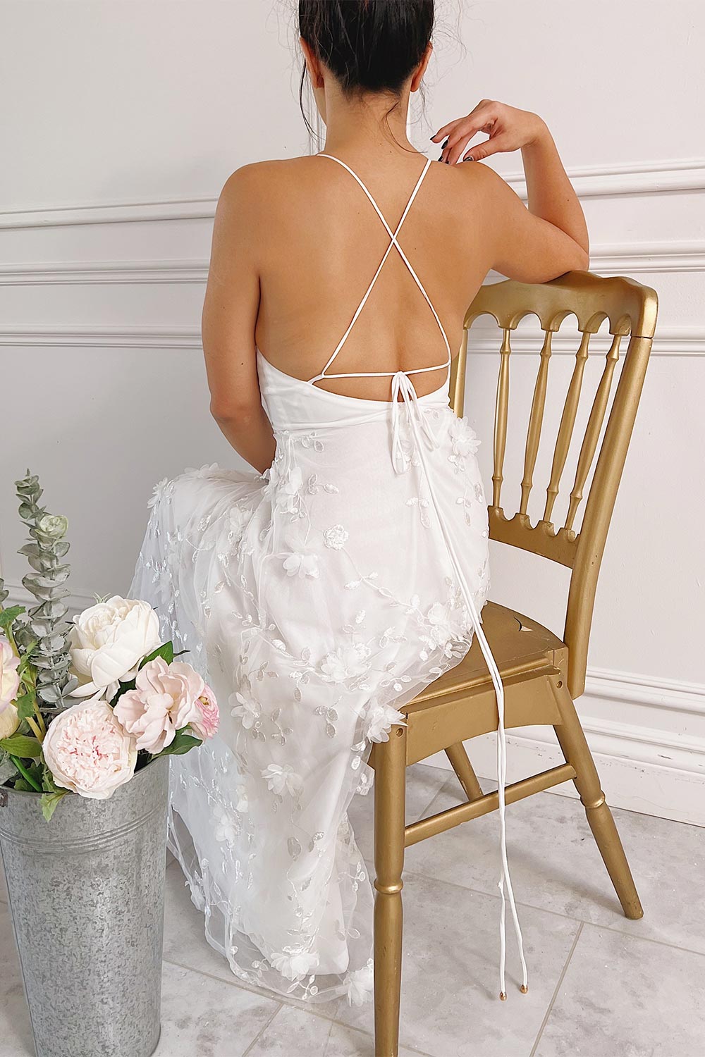 Eneka White Midi Tulle Dress w/ Floral Embroidery | Boudoir 1861 back on model