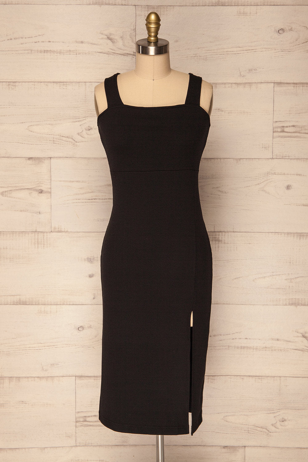 Episcopi Fitted Black Ribbed Midi Dress w Slit | La Petite Garçonne