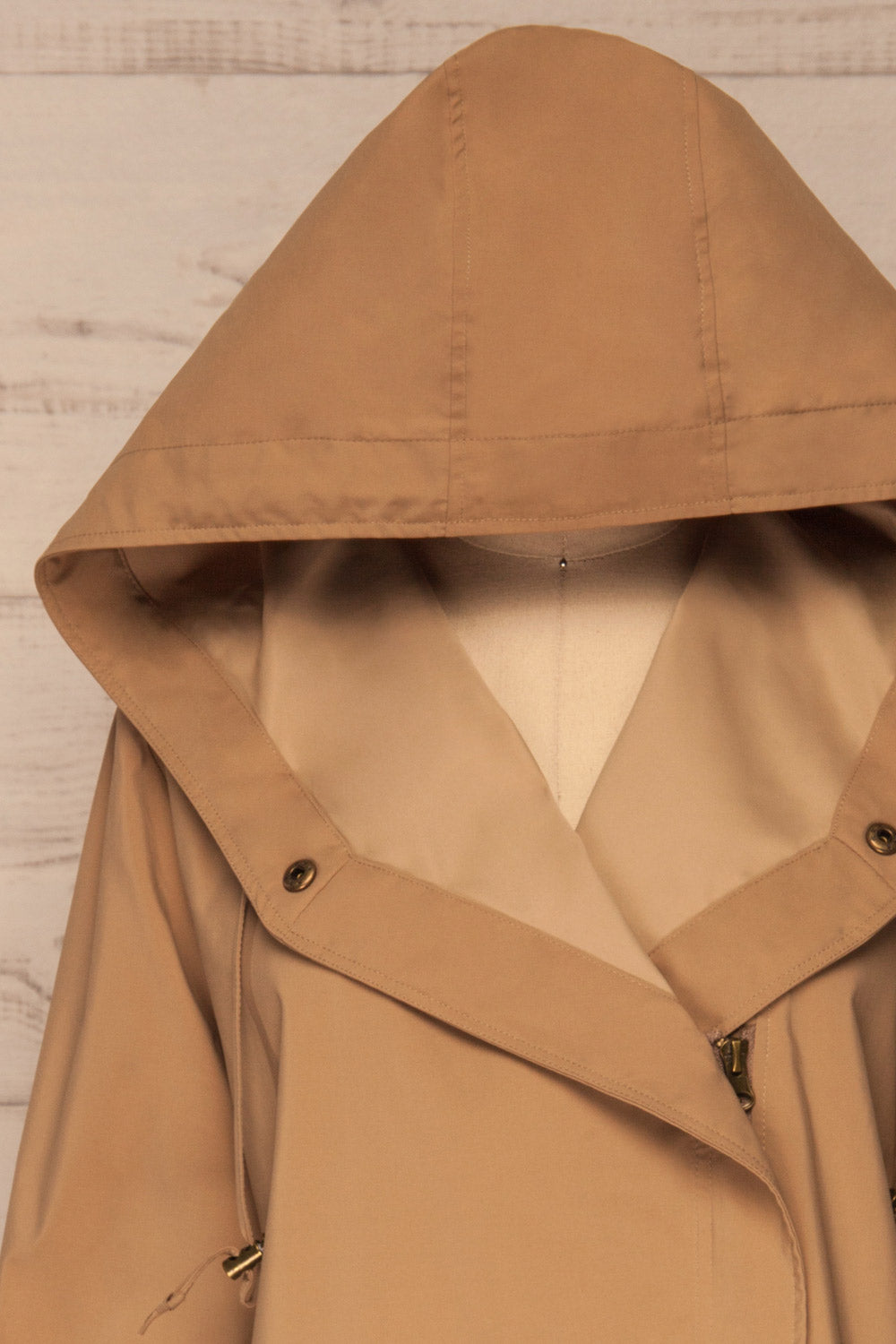 Erfurt Khaki Matte Raincoat front close up hood | La petite garçonne