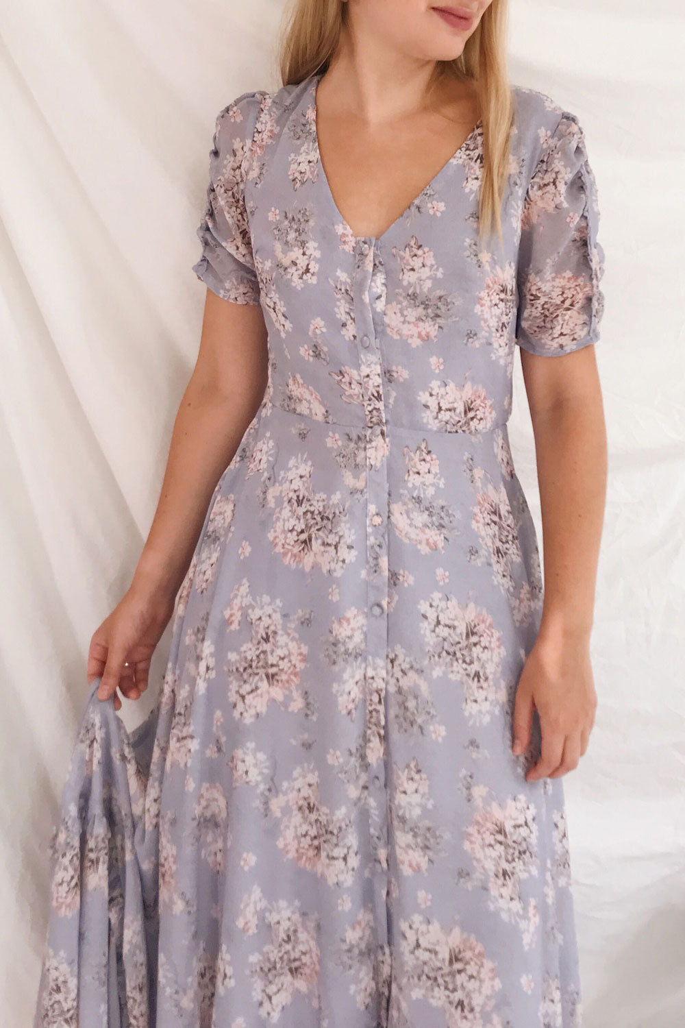 Espella Lilac Floral Buttoned Maxi Dress | Boutique 1861 on model