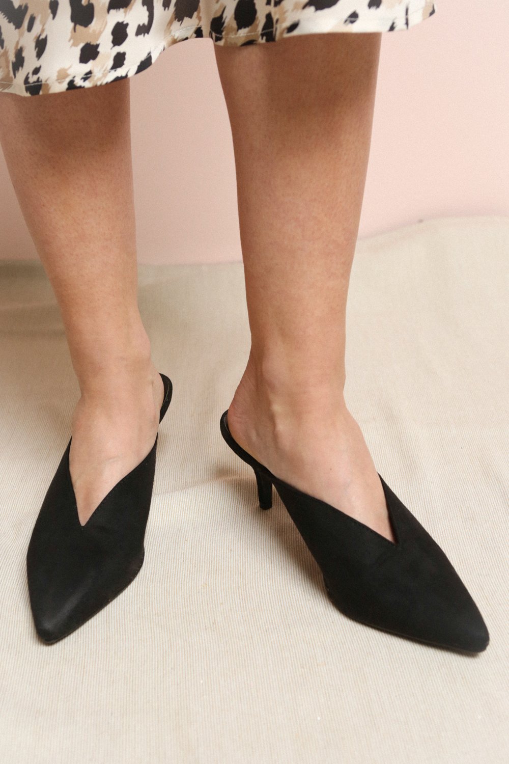Esquirol Black Pointed Toe Low Heeled Mules | La Petite Garçonne on model
