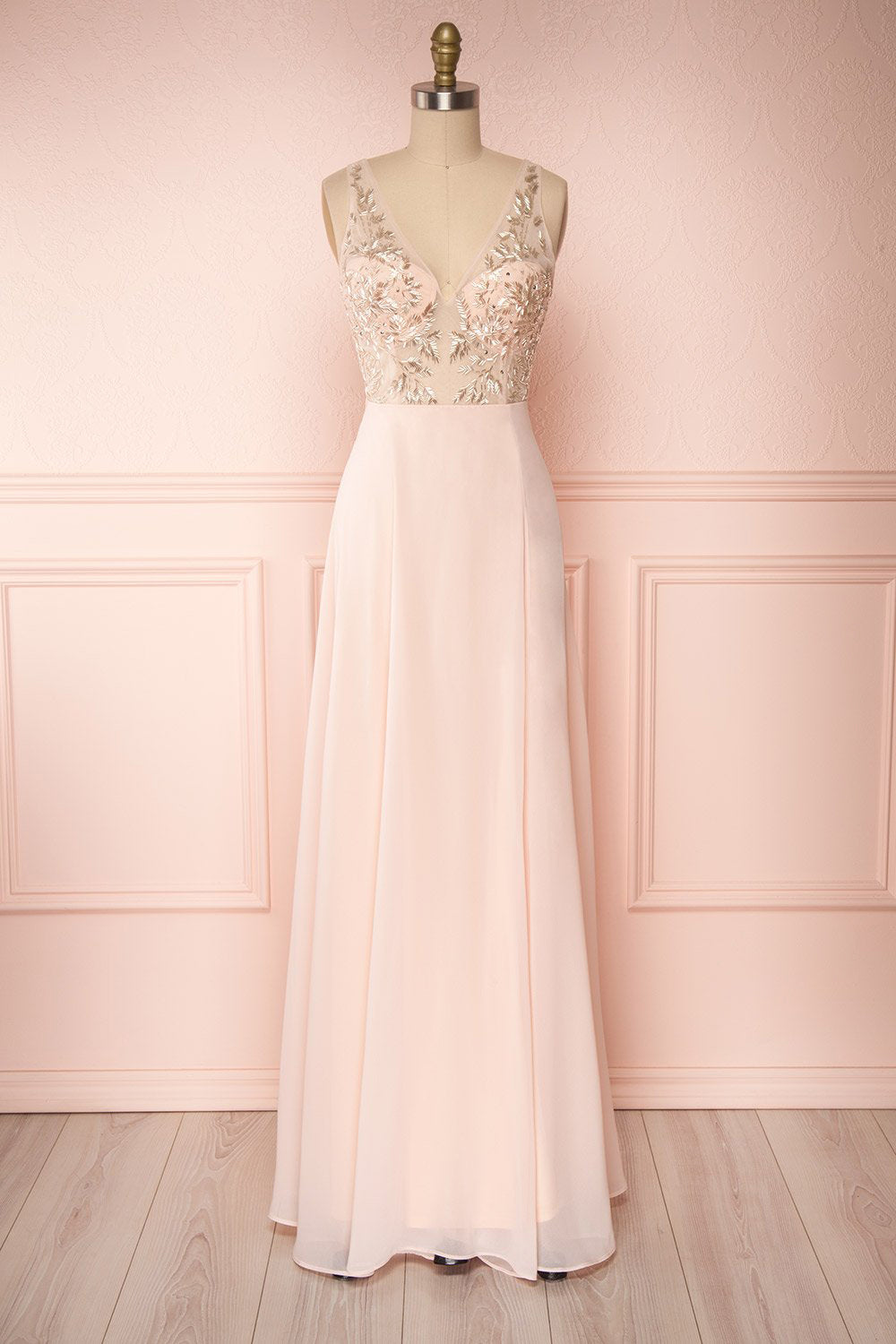 Esther Blush Pink Maxi Prom Dress with Slit | Boutique 1861 front
