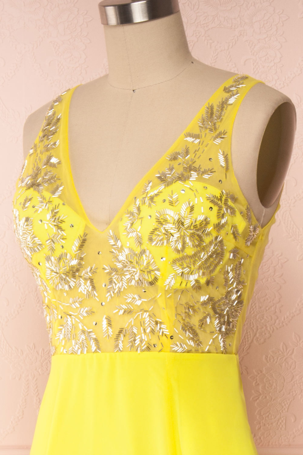 Esther Yellow Maxi Prom Dress with Slit | Boutique 1861 side close-up