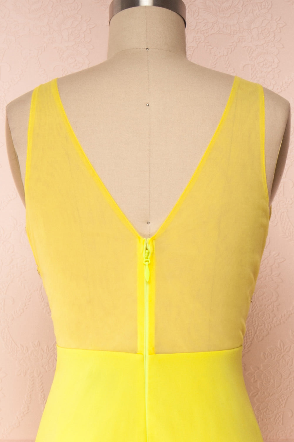 Esther Yellow Maxi Prom Dress with Slit | Boutique 1861 back close-up