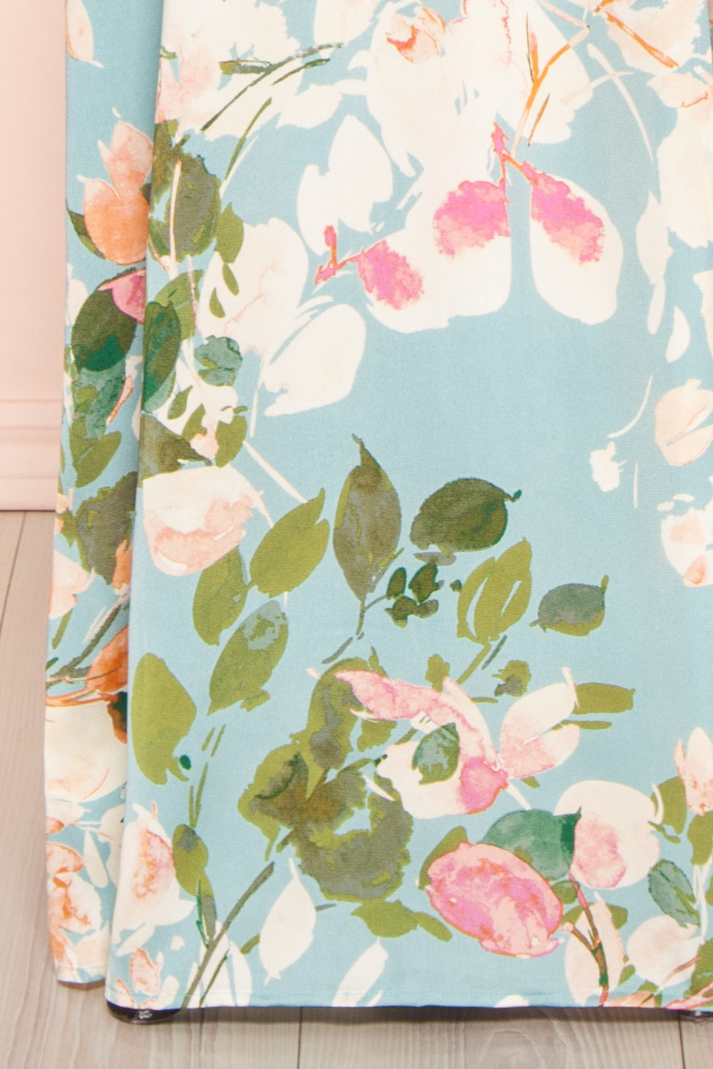 Estivah Blue Backless Floral Maxi Dress | Boutique 1861 bottom close-up