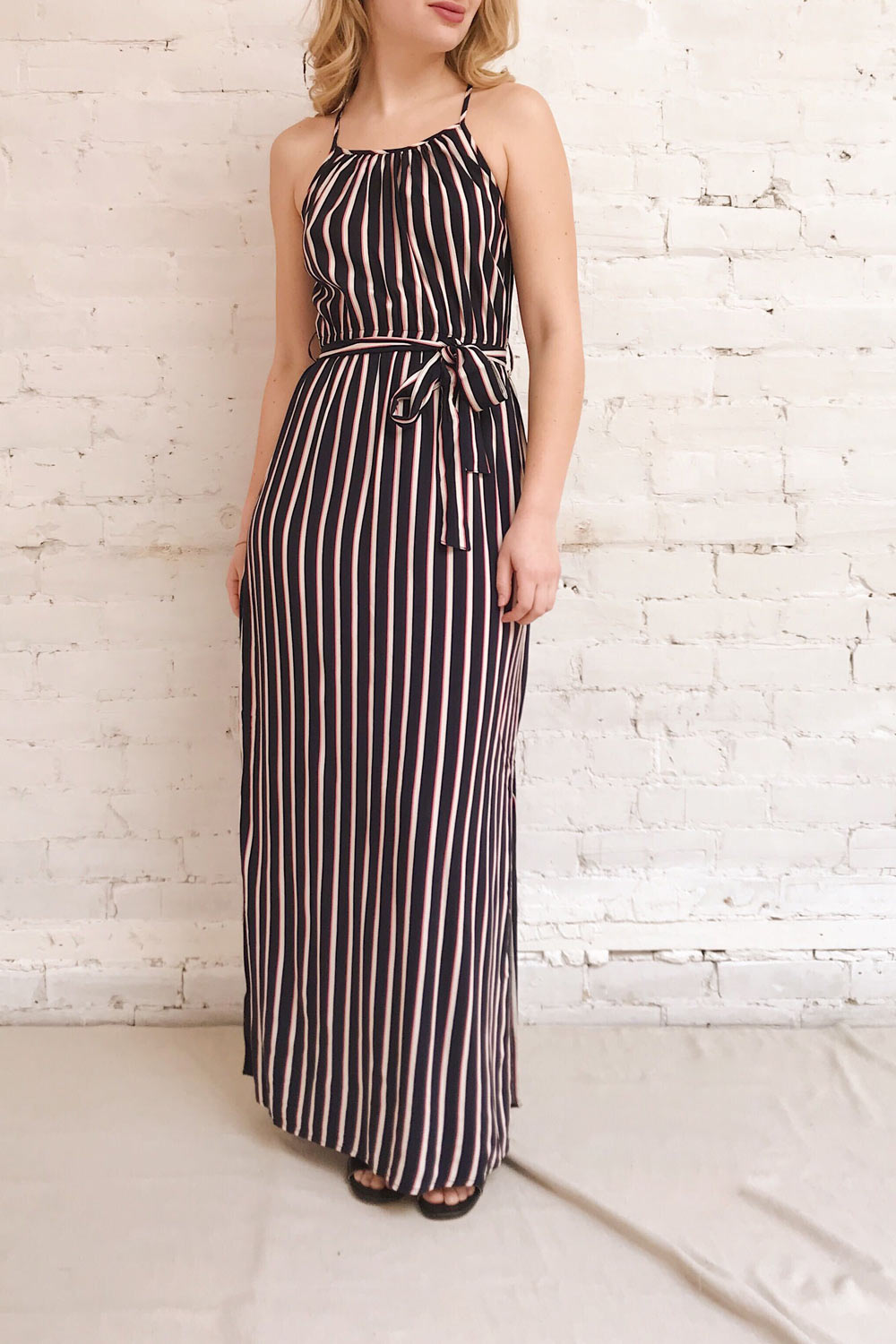 Evenes Navy Blue Striped Maxi Dress | La petite garçonne model look