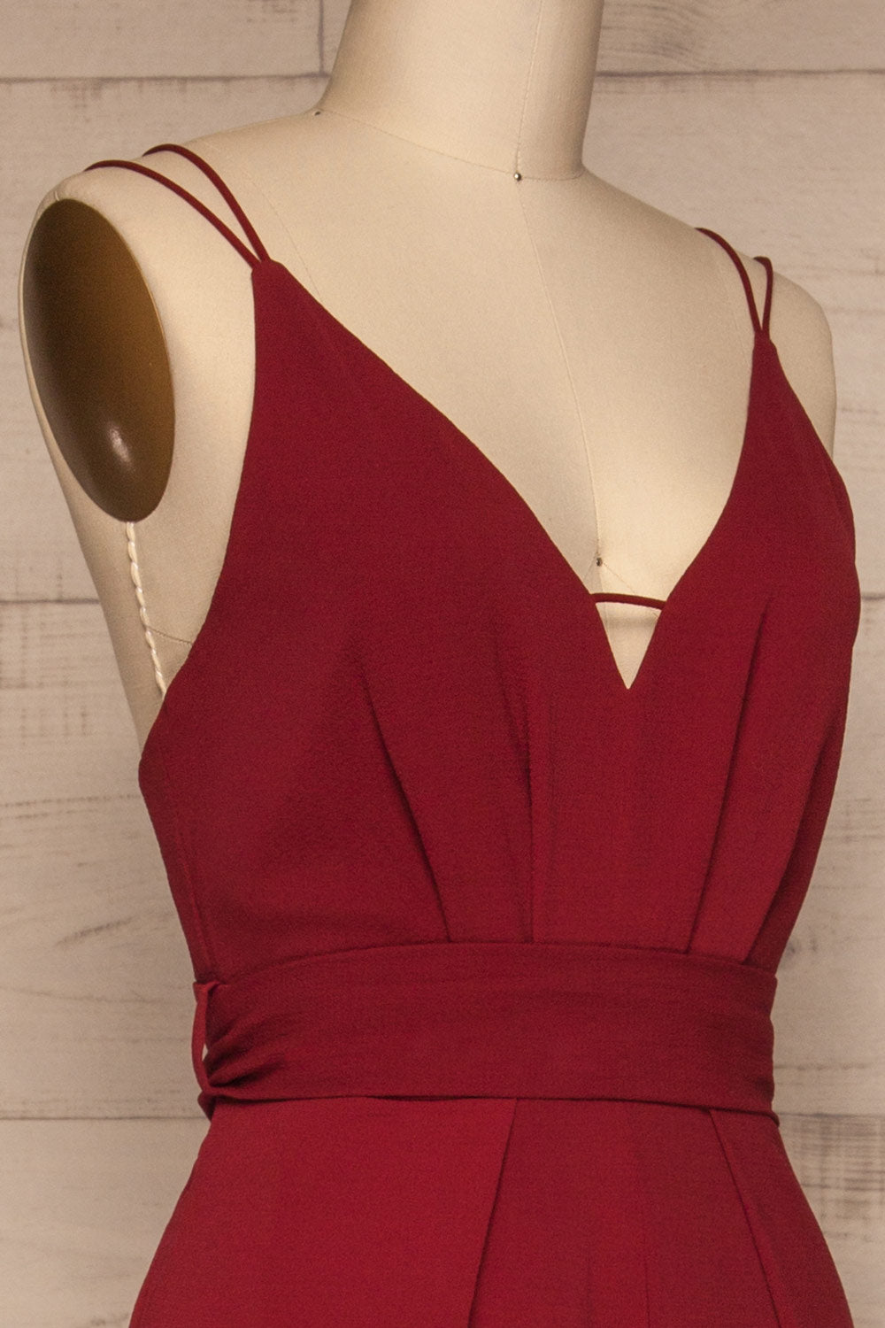 Evje Burgundy Wide Leg Jumpsuit | La Petite Garçonne side close-up