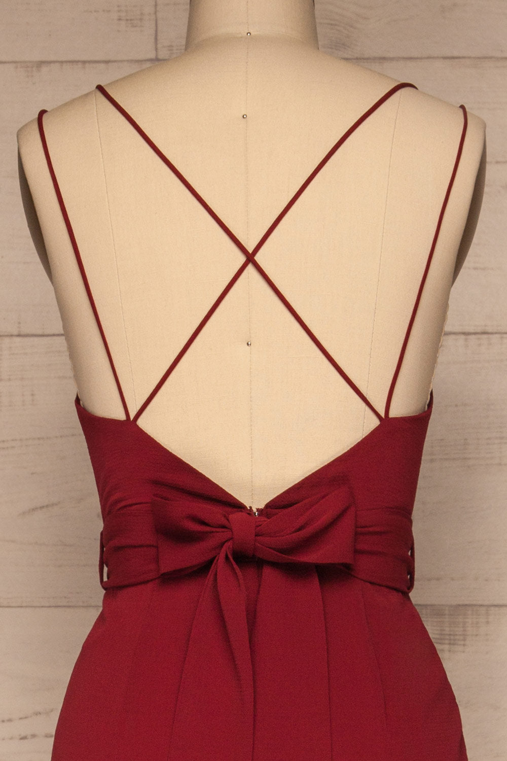 Evje Burgundy Wide Leg Jumpsuit | La Petite Garçonne back close-up
