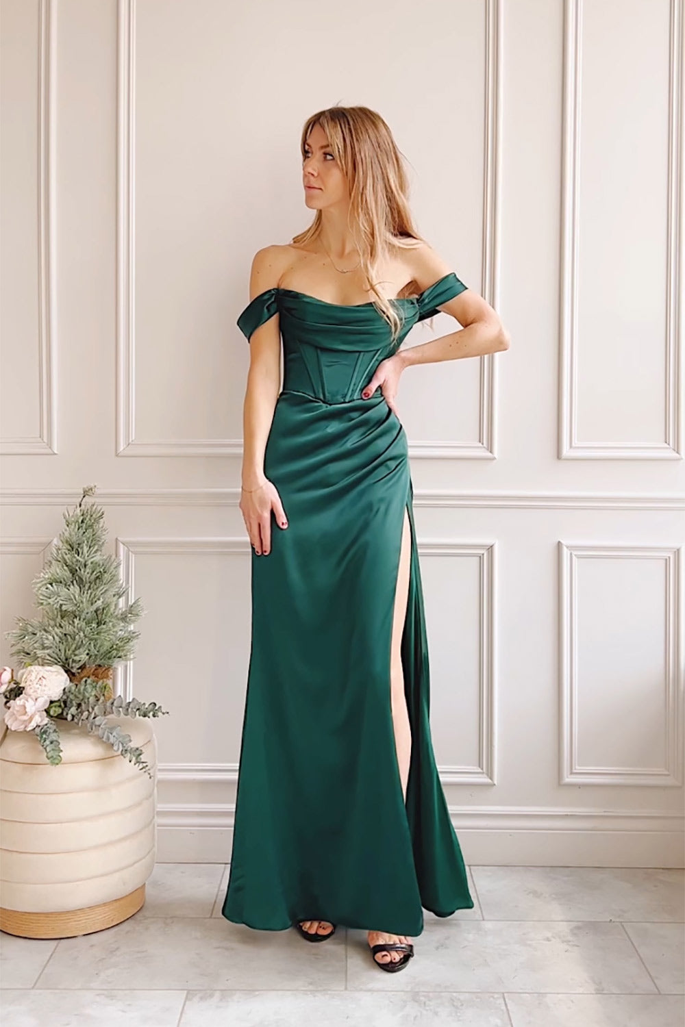 Evolet Green Off-Shoulder Corset Maxi Dress | Boudoir 1861 model