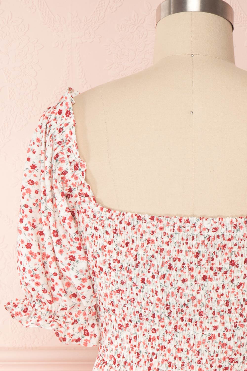 Eydis Ivory Floral Puffy Sleeve Short Dress | Boutique 1861 back close up
