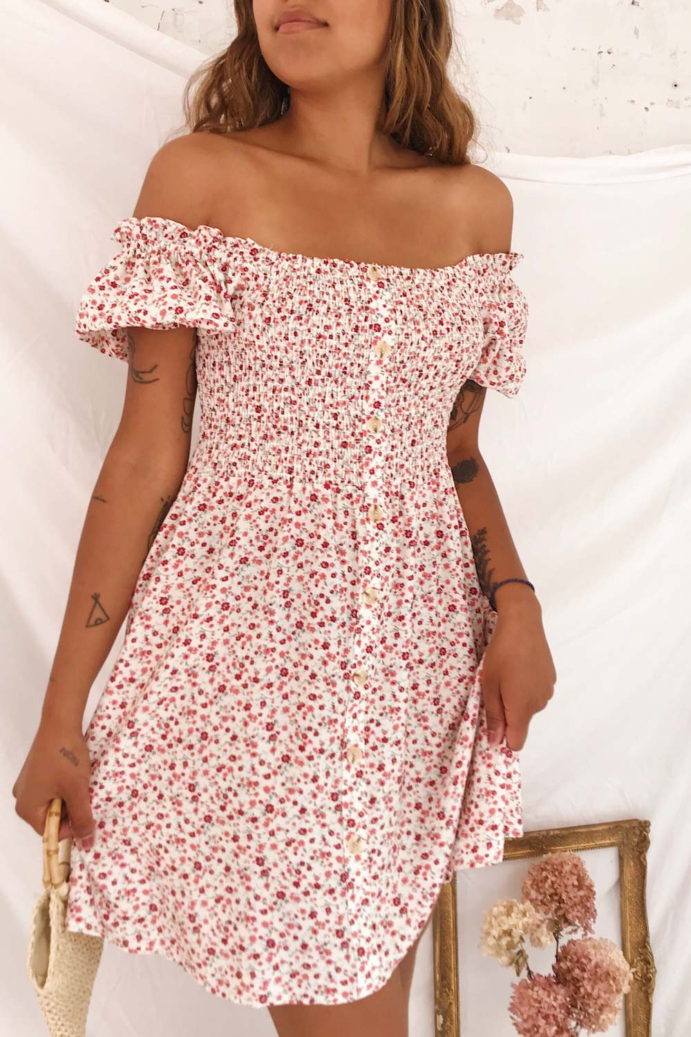 Eydis Ivory White Floral Buttoned Short Dress | Boutique 1861 model close up