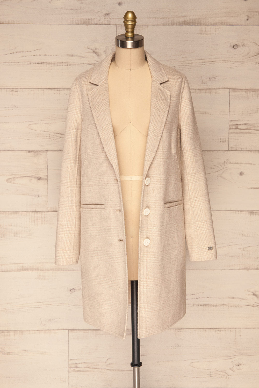 Ezme Beige Checkered Felt Coat | La Petite Garçonne front view open