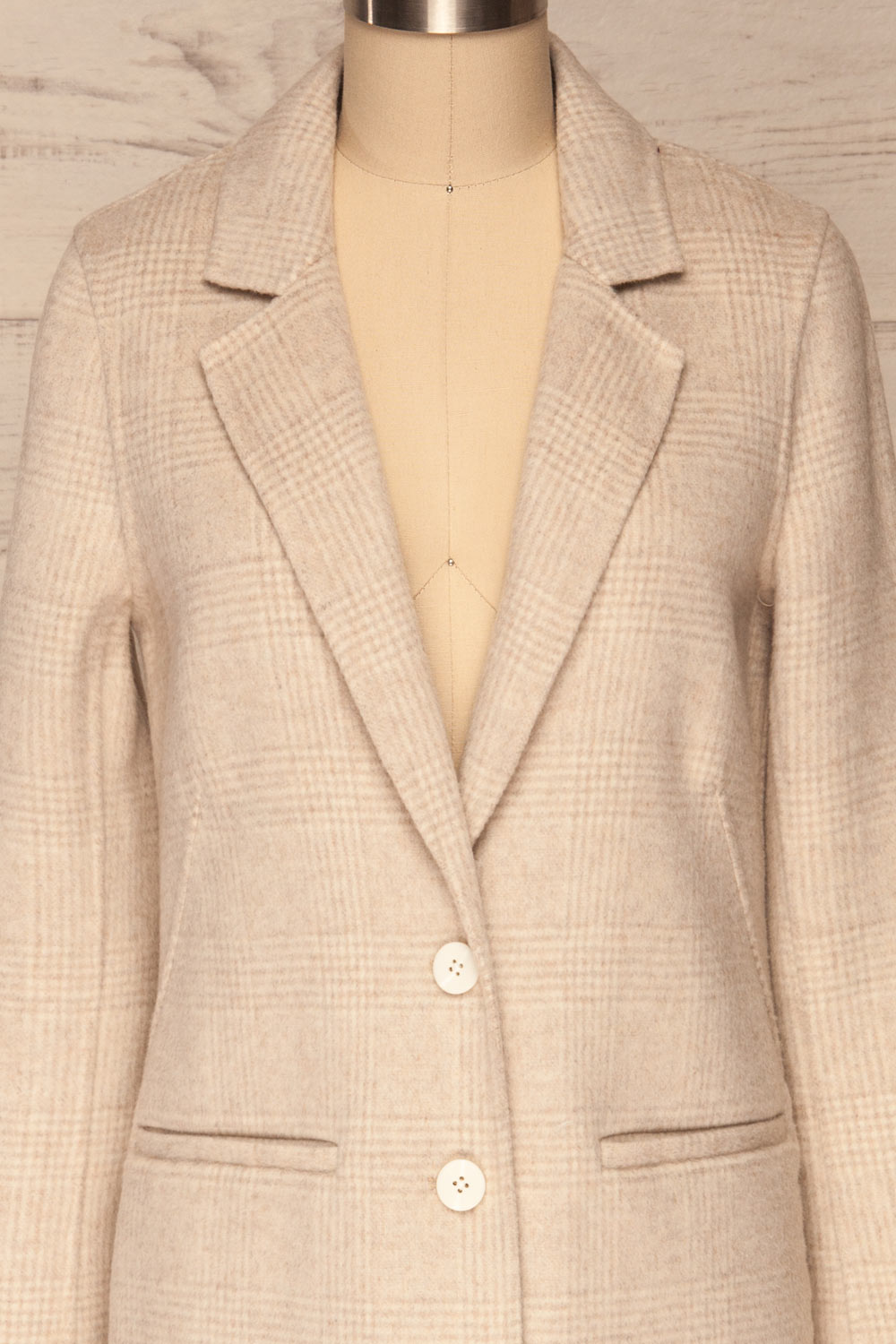 Ezme Beige Checkered Felt Coat | La Petite Garçonne front close-up