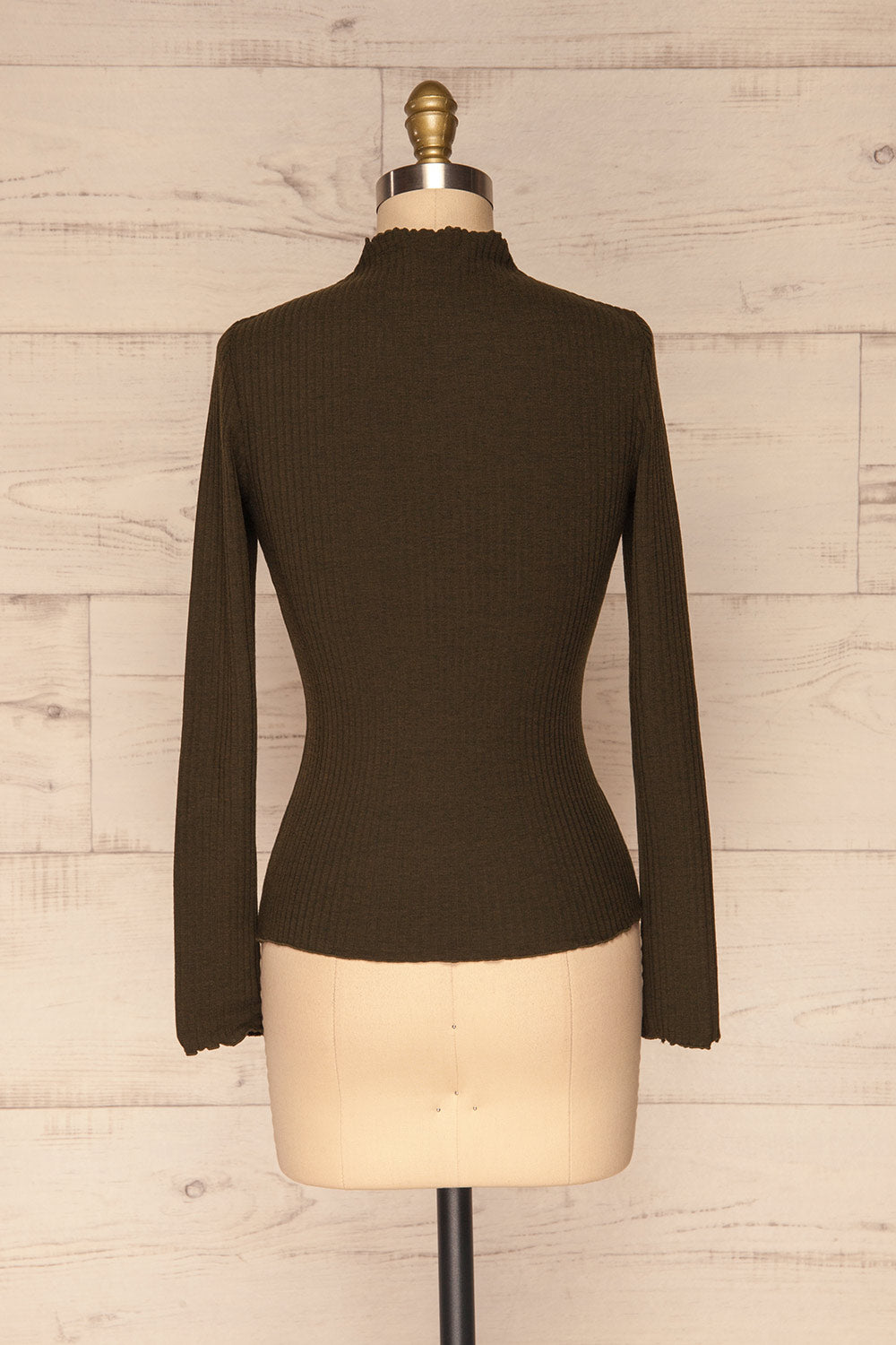 Faaset Moss Khaki Ribbed Top with Stand Collar| back view | La Petite Garçonne