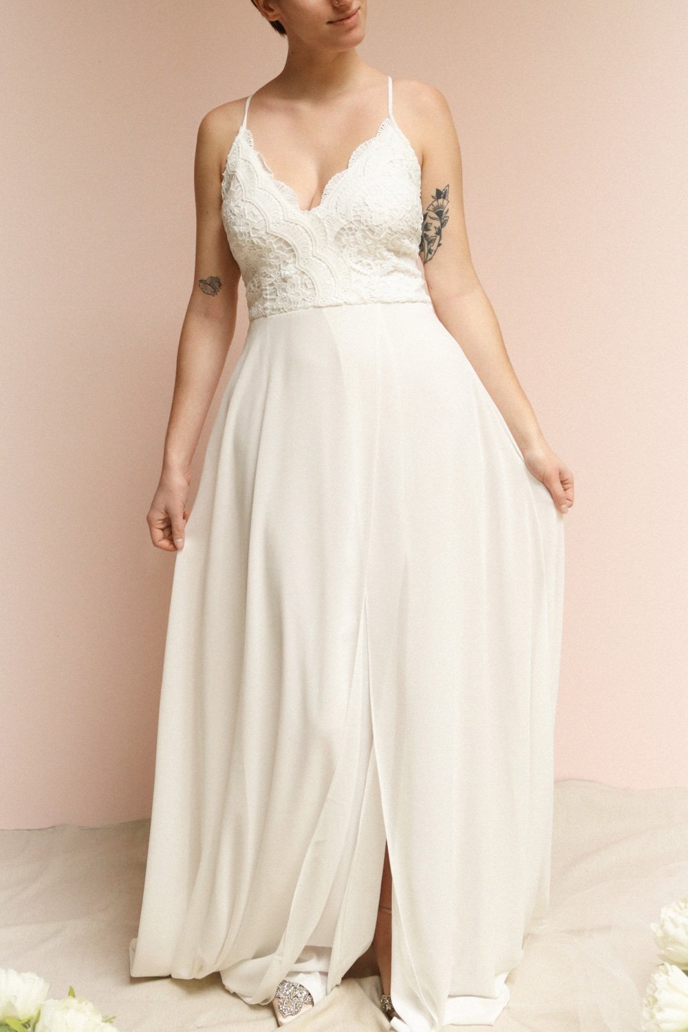 Fabia Ivory White Lace & Chiffon Bridesmaid Dress | Boudoir 1861 on model
