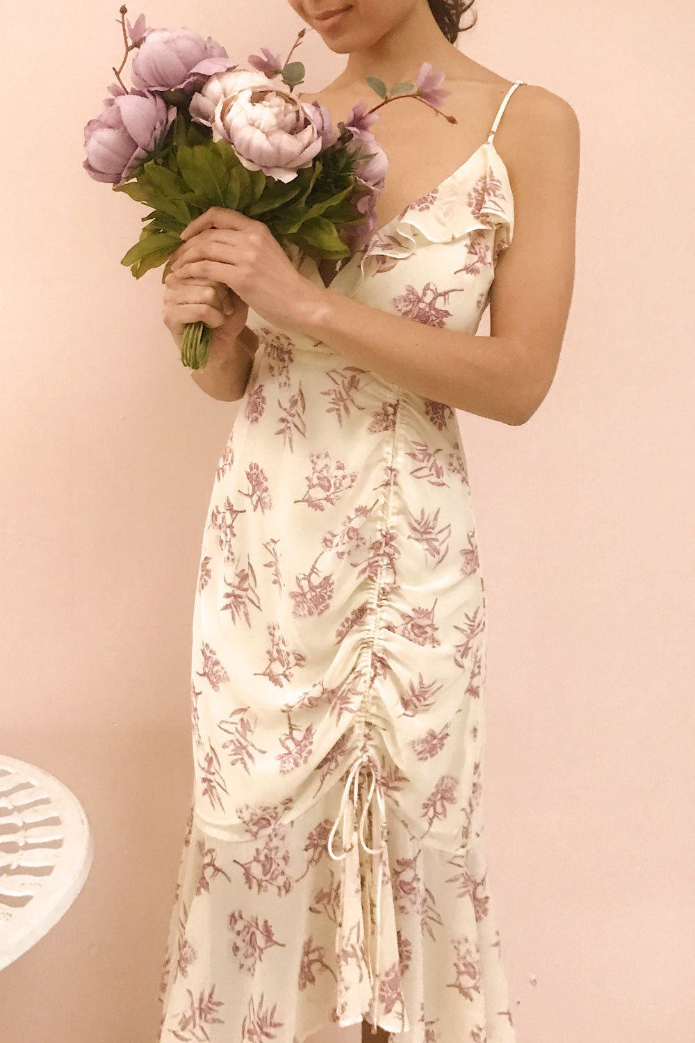 Fabiola Cream & Lilac Midi Dress w/ Frills | Boutique 1861 on model