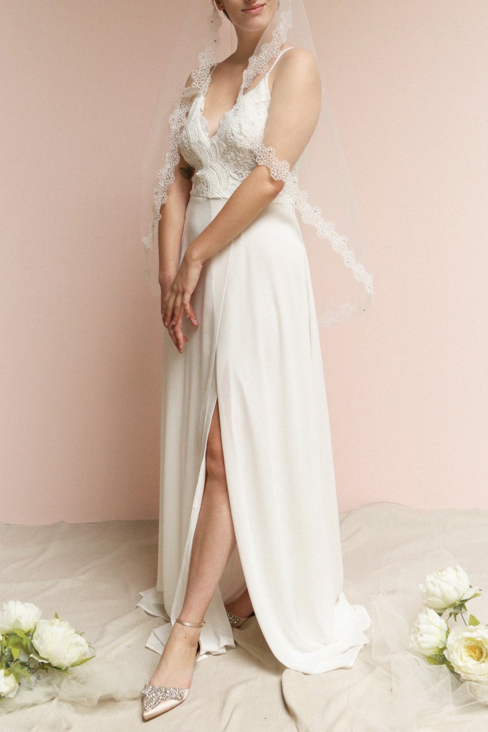 Fadeyushka White Embroidered Wedding Veil | Boudoir 1861 on model wearing a wedding dress