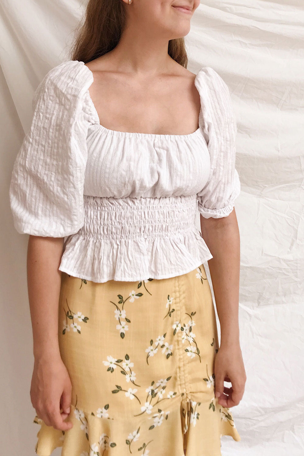 Faerylis White Puffy Sleeve Ruched Crop Top | Boutique 1861 on model