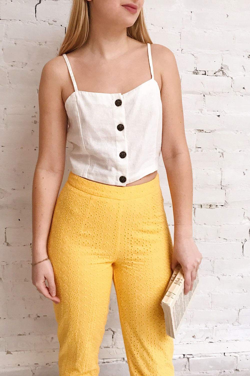 Klobuck Yellow Openwork Straight Leg Pants | La petite garçonne on model