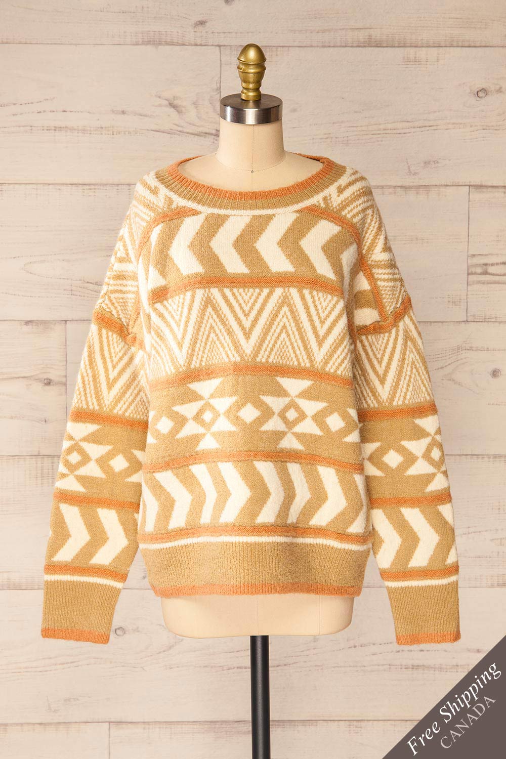 Faldaasen Beige Geometrical Knit Sweater | La petite garçonne front view