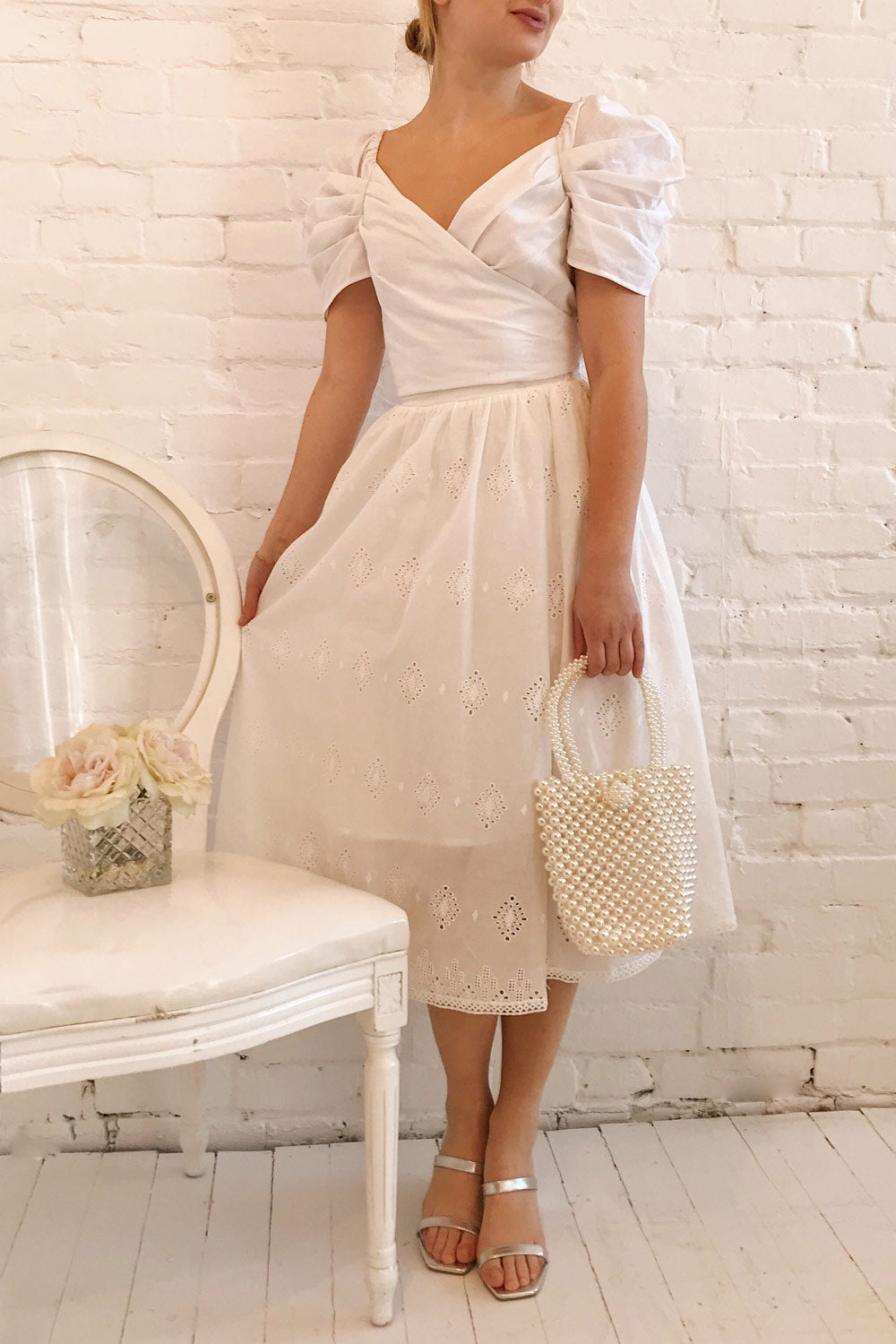 Sioban White High-Waisted Openwork Midi Skirt | Boutique 1861 on model