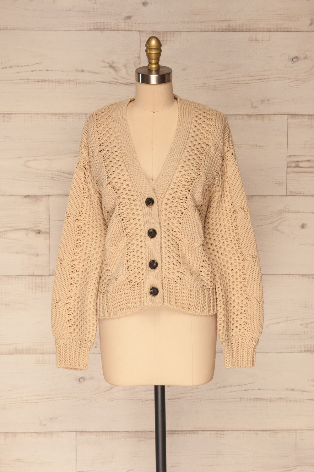 Falvik Beige Cropped Button-Up Cardigan | La petite garçonne front view