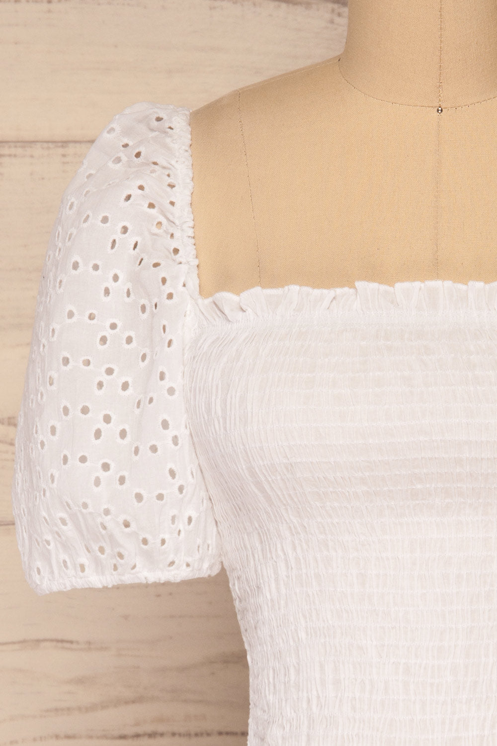 Faraas White Short Sleeve Ruched Top | La petite garçonne front close-up