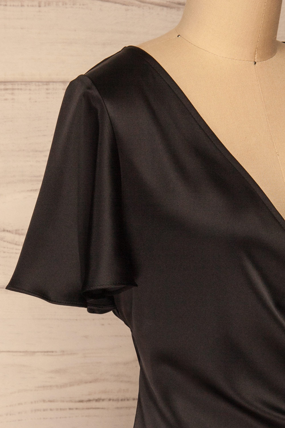 Fasano Black Short Silky Wrap Dress | La petite garçonne side close-up
