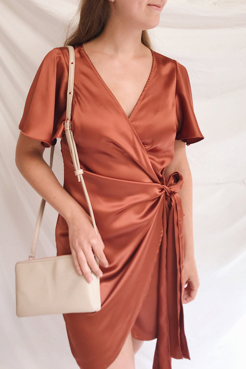 Fasano Rust Short Silky Wrap Dress | La petite garçonne on model