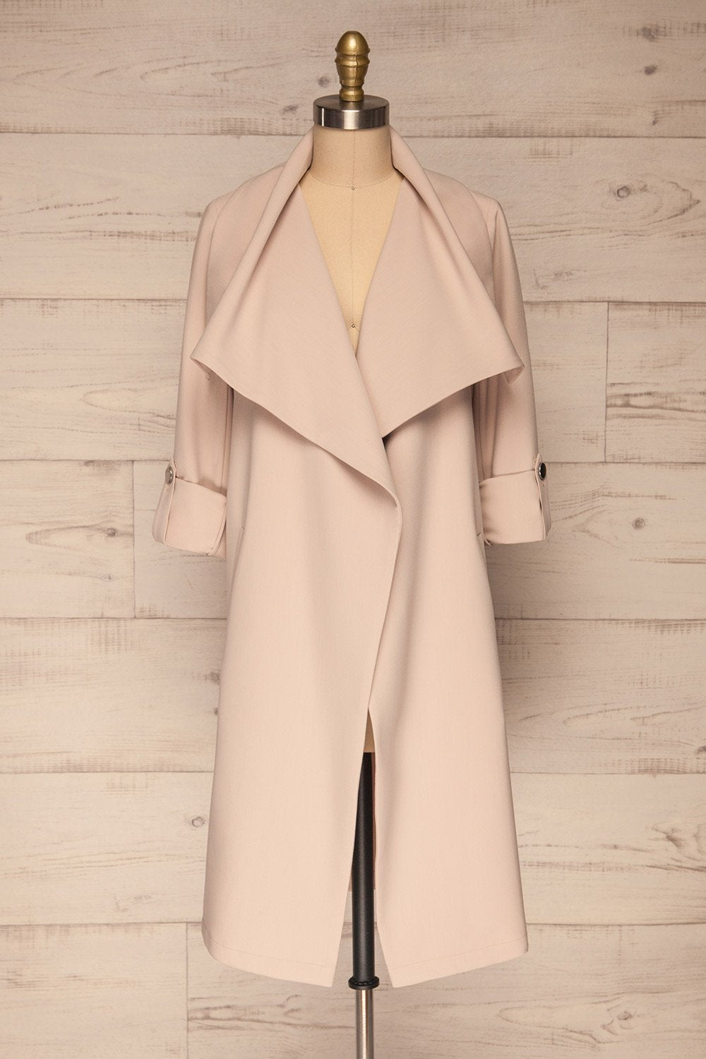Faylinn Beige Cascade Draped Collar Coat front view open | La petite garçonne